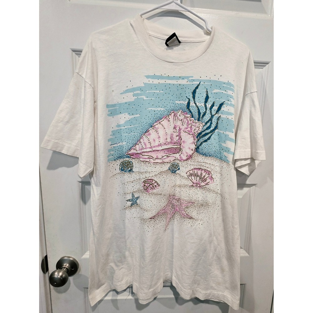 Diamond Dust T-Shirt Women XL White Cotton Vintage Coastal Shell Art Oversized